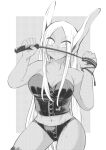  1girl bare_arms boku_no_hero_academia breasts closed_mouth dark_skin dark-skinned_female dominatrix greyscale highres holding holding_whip latex long_hair looking_at_viewer mirko monochrome navel nstime23 solo 