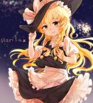  apron black_dress blonde_hair bow braid buttons character_name dress frilled_dress frills hair_bow haru_(nakajou-28) hat hat_bow highres kirisame_marisa long_hair playing_with_own_hair puffy_sleeves short_sleeves side_braid single_braid sky star_(sky) star_(symbol) starry_sky touhou waist_apron white_bow witch_hat yellow_eyes 