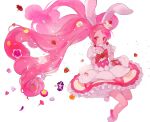  1girl animal_ears cake_hair_ornament cure_whip earrings extra_ears flower food food_themed_clothes food_themed_hair_ornament fruit gloves hair_ornament highres jewelry kirakira_precure_a_la_mode long_hair magical_girl petticoat pink_hair pom_pom_(clothes) pom_pom_earrings precure rabbit_ears red_eyes solo strawberry twintails usami_ichika very_long_hair yukiumisaka 