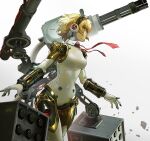  1girl aegis_(persona) android bangs blonde_hair blue_eyes breasts chain_gun duplicate english_commentary floating_hair gradient gradient_background hairband highres joints looking_ahead mecha_musume medium_breasts missile_pod necktie open_hands persona persona_3 qosic red_neckwear robot robot_joints short_hair solo 