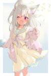  1girl ;d animal_ear_fluff animal_ears animare cardigan dress fang frilled_dress frills highres long_hair long_sleeves one_eye_closed open_cardigan open_clothes open_mouth shirana_tamana shiromiya_mimi silver_hair sketch sleeves_past_wrists smile suitcase violet_eyes virtual_youtuber yellow_dress 
