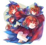  1girl bangs black_shirt blue_bow bow cape disembodied_head hair_between_eyes hair_bow kutsuki_kai looking_at_viewer multiple_heads open_mouth red_cape red_eyes red_ribbon red_skirt redhead ribbon ribbon-trimmed_bow sekibanki shirt short_hair skirt smile solo touhou white_background 