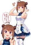  1girl ahoge alternate_hairstyle bare_shoulders breasts brown_hair double_bun dress eyebrows_visible_through_hair feet_out_of_frame hands_up idolmaster idolmaster_million_live! idolmaster_million_live!_theater_days kamille_(vcx68) looking_at_viewer medium_breasts off-shoulder_dress off_shoulder projected_inset sidelocks simple_background solo speech_bubble thigh-highs violet_eyes white_background white_dress white_legwear yokoyama_nao zettai_ryouiki 