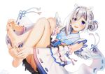 1girl amane_kanata angel bare_legs barefoot blue_eyes blue_hair casino_(casinoep) colored_inner_hair detached_wings feet hololive japanese_clothes kimono looking_at_viewer multicolored_hair no_panties open_mouth puffy_sleeves short_hair silver_hair soles streaked_hair tasuki virtual_youtuber white_background white_kimono wings