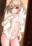  1girl absurdres ass_visible_through_thighs blurry bra collarbone commentary_request contrapposto depth_of_field double_bun dress_shirt highres kantai_collection light_brown_hair long_sleeves looking_at_viewer makura_(user_jpmm5733) michishio_(kancolle) navel open_clothes panties shirt short_hair short_twintails solo training_bra twintails underwear white_bra white_panties white_shirt 