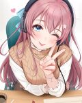  1girl blue_eyes blush bracelet hair_ornament hairclip headphones highres jewelry long_hair looking_at_viewer necklace one_eye_closed original pink_hair sweater sweater_vest tongue tongue_out tsukana_(saba_mizore) v 