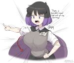  1girl angry arrow_(symbol) bangs black_hair breasts bursting_breasts cape emphasis_lines english_text hand_on_hip hilda_(series) id_card kaisa_(hilda) large_breasts magister_(bearibop) multicolored_hair open_mouth pointing purple_hair shirt short_hair short_sleeves simple_background solo twitter_username vest violet_eyes 