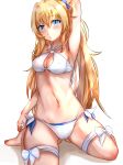  1girl absurdres arm_up bikini blonde_hair blue_eyes blush breasts fana_(fanasart) goblin_slayer! highres long_hair looking_at_viewer medium_breasts navel priestess_(goblin_slayer!) shiny shiny_hair sitting solo swimsuit swimwear thighs wariza white_background white_bikini 