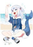  1girl :d absurdres animal_costume bangs beach blue_eyes blue_hair blue_hoodie blush fish_tail full_body gawr_gura hair_ornament highres hololive hood hood_down hoodie long_sleeves medium_hair multicolored_hair niseneko_(mofumofu_ga_ienai) open_mouth outdoors seashell shark_costume shark_girl shark_hair_ornament shark_tail sharp_teeth shell shoes silver_hair sitting smile sneakers solo streaked_hair tail teeth two_side_up virtual_youtuber white_hair wide_sleeves 