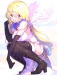  1girl angel_wings armpit_crease belt black_belt black_footwear black_gloves blonde_hair blurry boots breasts capelet commentary cross-laced_clothes cross-laced_footwear depth_of_field dot_nose dress elbow_gloves eyebrows_visible_through_hair eyes_visible_through_hair facing_viewer feathered_wings frilled_shirt_collar frills full_body glint gloves gradient gradient_hair green_hair hair_between_eyes hair_down hand_in_hair hand_up happy highres kneeling large_breasts light_smile long_dress long_hair looking_to_the_side magia_record:_mahou_shoujo_madoka_magica_gaiden mahou_shoujo_madoka_magica mini_wings multicolored multicolored_background multicolored_hair open_mouth paru_rari pelvic_curtain red_eyes shiny shiny_footwear shiny_hair shiny_skin sideboob simple_background skindentation sleeveless solo soul_gem symbol_commentary teeth thigh-highs thigh_boots togame_momoko togame_momoko_(sister) upper_teeth very_long_hair white_background white_capelet white_dress white_wings wings zettai_ryouiki 