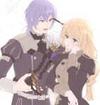  1boy 1girl absurdres belt black_jacket blonde_hair breasts chinese_commentary commentary_request eyeshadow fire_emblem fire_emblem:_three_houses garreg_mach_monastery_uniform green_eyes grey_jacket hand_on_own_cheek hand_on_own_face highres holding ingrid_brandl_galatea jacket long_hair long_sleeves looking_at_another makeup medium_breasts moyu_moyu_(moyumoyu085) open_mouth purple_hair short_hair simple_background upper_body violet_eyes white_background white_belt yuri_leclerc 