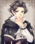  1boy bangs black_cloak book cloak cyrus_(octopath_traveler) frilled_sleeves frills hand_on_own_chin haru_(nakajou-28) holding holding_book long_hair male_focus octopath_traveler open_book parted_bangs parted_lips ponytail solo white_background 