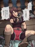  1girl belt bike_shorts blue_eyes boots breasts brown_hair claire_redfield denim fingerless_gloves gloves gun handgun looking_at_viewer ponytail resident_evil resident_evil_2 shorts tare-katsu translation_request weapon zombie 