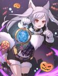  1girl absurdres animal_ears belt candy collar fire_emblem fire_emblem_awakening fire_emblem_heroes food fur_trim gloves grima_(fire_emblem) halloween_costume highres long_sleeves open_mouth paw_gloves paws red_eyes robin_(fire_emblem) robin_(fire_emblem)_(female) shira_yu_ki shorts solo tail thigh_strap twintails white_hair wolf_ears wolf_tail 