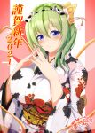  1girl absurdres alternate_breast_size animal_ears animal_print blue_eyes breasts commentary_request cow_ears cow_print daiyousei eyebrows_visible_through_hair fairy fairy_wings green_hair happy_new_year highres japanese_clothes kimono large_breasts light_green_hair looking_at_viewer new_year nisson_(nisiyuu) older pink_background smile solo touhou two-tone_background white_background wings 