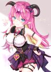  1girl blue_eyes breasts commentary_request demon_horns demon_tail hair_between_eyes hair_ornament headphones headphones_around_neck heart highres hololive horns large_breasts mano_aloe multicolored_hair pink_hair simple_background sleeveless tail virtual_youtuber yuano 