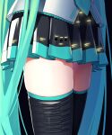  1girl absurdres aqua_hair black_background black_legwear black_skirt commentary glowing hatsune_miku highres inu8neko long_hair miniskirt pleated_skirt simple_background skirt solo thigh-highs thighs twintails very_long_hair vocaloid zettai_ryouiki 