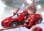  1girl belt black_gloves braid breasts brown_hair car dated earrings gloves green_eyes ground_vehicle hair_between_eyes hand_up heart heart_earrings idolmaster idolmaster_million_live! idolmaster_million_live!_theater_days jewelry kevn large_breasts long_sleeves mclaren_mp4-12c midriff motor_vehicle navel one_eye_closed railing sakuramori_kaori short_hair solo 