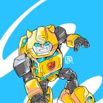  1boy autobot blue_eyes bumblebee chibi highres horns konachang looking_at_viewer mecha no_humans open_hand science_fiction smile solo transformers 