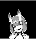  1girl bangs bare_shoulders black_background blush bob_cut collarbone fangs fate/grand_order fate_(series) greyscale half-closed_eyes halftone happy head_tilt headpiece highres horns letterboxed light_blush looking_at_viewer monochrome null_skull open_mouth outline outside_border shiny shiny_hair shuten_douji_(fate) simple_background sketch smile solo teeth upper_body white_outline 