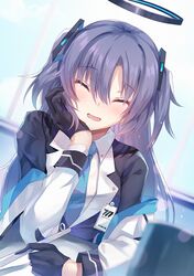  1girl blue_archive blurry blurry_background blush closed_eyes commentary_request cup foreshortening gloves hair_ornament halo hand_on_own_cheek hand_on_own_face hinot id_card necktie open_mouth pencil purple_hair sitting solo twintails two_side_up yuuka_(blue_archive) 