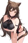  1girl :/ absurdres animal_ears arknights arm_strap arm_under_breasts bangs bare_arms bare_shoulders black_choker black_leotard black_swimsuit blush breasts brown_eyes brown_hair cat_ears cat_tail choker closed_mouth collarbone commentary cowboy_shot cropped_legs earrings frown highres jewelry large_breasts leaning_forward leotard long_hair looking_at_viewer mizu_(lzzrwi603) o-ring o-ring_swimsuit simple_background single_earring skyfire_(arknights) skyfire_(temperature_difference)_(arknights) solo standing swimsuit tail thighs very_long_hair white_background 