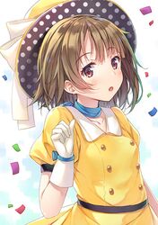  1girl :o arm_up bangs blue_neckwear brown_hair buttons collarbone commentary_request confetti dress eyebrows_visible_through_hair gloves hat looking_at_viewer love_live! love_live!_nijigasaki_high_school_idol_club nakasu_kasumi open_mouth polka_dot puffy_short_sleeves puffy_sleeves red_eyes ribbon short_hair short_sleeves simple_background solo sun_hat tomo_wakui white_gloves white_ribbon yellow_dress yellow_headwear 