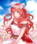  1girl bare_shoulders belt blue_sky celica_(fire_emblem) clouds commentary_request day earrings eyebrows_visible_through_hair field fire_emblem fire_emblem_echoes:_shadows_of_valentia flower flower_field hand_on_own_cheek hand_on_own_face haru_(nakajou-28) head_wreath highres jewelry long_hair necklace outdoors parted_lips red_eyes redhead sitting sky solo 