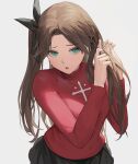  1girl black_skirt brown_hair cowboy_shot dutch_angle fate/stay_night fate_(series) green_eyes heleif highres long_hair looking_at_viewer open_mouth skirt solo sweater tohsaka_rin turtleneck turtleneck_sweater twintails tying_hair white_background 