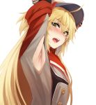  1girl absurdres admiral_hipper_(azur_lane) armpit_cutout armpits arms_up azur_lane blonde_hair clothing_cutout commentary_request from_side green_eyes grey_headwear highres ldl_(bcw1025) long_hair long_sleeves looking_at_viewer looking_to_the_side military military_uniform one_side_up open_mouth solo straight_hair sweat uniform upper_body upper_teeth very_long_hair 