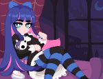  black_dress blue_bow blue_eyes blush bow cake cake_slice crescent_moon dress food fork holding holding_fork holding_stuffed_toy looking_at_viewer minimilieu moon night panty_&amp;_stocking_with_garterbelt pink_hair purple_hair purple_nails sitting stocking_(psg) striped striped_thighhighs stuffed_toy thigh-highs 