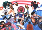  1980s_(style) 5boys 6+girls aqua_hair armlet bald benten bikini black_hair boulder cat center_opening chain choker constricted_pupils curly_hair dark_skin dark_skinned_male dress floating_hair food fujinami_father fujinami_ryuunosuke green_hair grin high_heels highres holding holding_clothes holding_sword holding_weapon horns hover_vehicle japanese_clothes katana kimono kotatsu-neko kurama_(urusei_yatsura) lifting long_hair looking_at_viewer lum mendou_shuutarou miyake_shinobu moroboshi_ataru multicolored_hair multiple_boys multiple_girls navel official_art old old_man oni oni_horns onigiri open_mouth oyuki_(urusei_yatsura) pink_dress ran_(urusei_yatsura) redhead retro_artstyle riding sakura_(urusei_yatsura) sakuranbou_(urusei_yatsura) scan school_uniform sheath sheathed short_hair silver_hair smile star_(symbol) strapless strapless_bikini swimsuit sword ten_(urusei_yatsura) tiger_stripes tower two-tone_hair urusei_yatsura very_long_hair w water waves weapon 