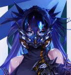  1girl bare_shoulders blue_eyes blue_hair blue_theme blueorca clothing_cutout cropped dark_blue_hair gas_mask hair_between_eyes long_hair mask original science_fiction shoulder_cutout solo twintails upper_body 