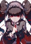  1girl bangs black_hair black_jacket black_nails bonnet celestia_ludenberg center_frills chikichi commentary_request dangan_ronpa:_trigger_happy_havoc dangan_ronpa_(series) drill_hair finger_to_own_chin frills from_above gothic_lolita grin highres index_finger_raised jacket lolita_fashion long_hair long_sleeves looking_at_viewer necktie red_eyes red_neckwear shirt simple_background smile solo twin_drills twintails upper_body white_background 