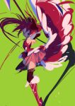  1girl boots bow commentary flat_chest green_background hair_bow mahou_shoujo_madoka_magica pleated_skirt polearm ponytail sakura_kyouko shadow she_li_(lynxm) skirt spear thigh-highs weapon 