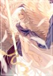 1girl absurdres angel angel_wings bare_arms bare_legs barefoot character_request dress fate/grand_order fate_(series) feathered_wings feathers feet highres jewelry large_wings long_hair looking_at_viewer necklace ootato white_dress white_hair white_wings wings yellow_eyes 