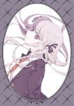  1girl border braid commentary dangan_ronpa:_trigger_happy_havoc dangan_ronpa_(series) eyelashes framed hair_ribbon highres jacket kirigiri_kyouko leaning_back long_hair looking_at_viewer necktie open_clothes open_jacket patterned_background profile purple_background purple_hair purple_jacket purple_ribbon red_neckwear ribbon side_braid simple_background solo sumire_rnp upper_body violet_eyes white_background 