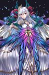  1girl black_background breasts commission dress fire_emblem fire_emblem_heroes flower full_body goat_horns head_tilt highres horns kakiko210 large_breasts looking_at_viewer open_mouth petals plant red_eyes silver_hair skeb_commission vines 