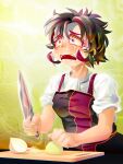  1girl amoretta_(yukiman) apron bangs black_apron black_hair brown_eyes commentary_request crying crying_with_eyes_open curled_fingers cutting_board cutting_onions hair_between_eyes highres holding holding_knife knife multicolored_hair onion open_mouth original redhead shirt short_hair short_sleeves solo tears teeth two-tone_hair upper_body white_shirt yellow_background yukiman 