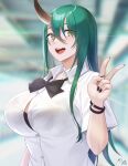  1girl :d arknights arm_up bangs black_bra black_nails black_neckwear blurry blurry_background bow bowtie bra bracelet breasts collared_shirt dress_shirt green_eyes green_hair hair_between_eyes highres horns hoshiguma_(arknights) jewelry large_breasts long_hair looking_at_viewer nail_polish noixen oni_horns open_mouth shirt short_sleeves single_horn smile solo tongue underwear upper_body upper_teeth v white_shirt 
