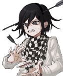  1boy arrow_(projectile) arrow_in_body arrow_in_head bangs black_eyes black_hair checkered checkered_scarf clenched_teeth dangan_ronpa_(series) dangan_ronpa_v3:_killing_harmony fake_arrow_headband hair_between_eyes hands_up highres jacket long_sleeves magic_trick male_focus ouma_kokichi renshu_usodayo scarf short_hair simple_background solo straitjacket teeth upper_body white_background white_jacket 