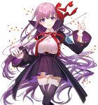  1girl bb_(fate) bb_(fate)_(all) black_coat black_legwear black_skirt bow bowtie coat fate/extra fate/extra_ccc fate/grand_order fate_(series) gloves hair_bow holding holding_wand long_hair looking_at_viewer panties petals popped_collar purple_hair red_bow rizu033 skirt smile solo thigh-highs underwear violet_eyes wand white_background white_gloves white_panties 