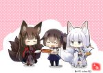  3girls amagi_(azur_lane) animal_ears azur_lane black_hair black_legwear blue_eyes blue_hakama brown_hair closed_eyes crossover food fox_ears fox_girl fox_tail full_body hakama hakama_skirt japanese_clothes kaga_(battleship)_(azur_lane) kaga_(kancolle) kantai_collection kimono long_hair multiple_girls multiple_tails namesake pink_background plate polka_dot polka_dot_background side_ponytail standing tail taisa_(kari) tasuki white_kimono 