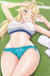  1girl absurdres ahoge armpits azuki_cha blonde_hair blue_eyes grass hachimiya_meguru highres idolmaster idolmaster_shiny_colors looking_at_viewer lying navel ponytail short_shorts shorts sports_bra thighs 