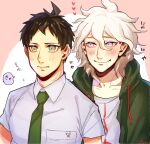  2boys bangs baru_(bar_0405) beige_background blue_eyes blush breast_pocket brown_eyes brown_hair collarbone collared_shirt commentary_request dangan_ronpa_(series) dangan_ronpa_2:_goodbye_despair drooling green_jacket grey_eyes grey_hair grey_shirt heart hinata_hajime hood hooded_jacket jacket komaeda_nagito looking_at_another male_focus multiple_boys necktie open_clothes open_jacket pocket print_shirt shirt short_hair smile speech_bubble translation_request upper_body white_background 