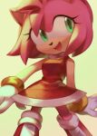  1girl :d amy_rose animal_nose artist_name boots dress furry gloves green_eyes highres jewelry looking_to_the_side open_mouth qiinamii red_dress ring smile solo sonic_the_hedgehog white_gloves 