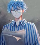  1boy absurdres bangs blue_eyes blue_hair chain fate/grand_order fate_(series) glasses hair_between_eyes hans_christian_andersen_(adult)_(fate) hans_christian_andersen_(fate) highres male_focus older paper shirt smile solo striped striped_shirt tobi_(pixiv41237754) vertical-striped_shirt vertical_stripes 