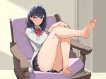  1girl armchair artist_name ass bangs bare_legs barefoot black_hair black_skirt blue_eyes blush capelet cardigan chair collared_shirt commentary_request feet hand_on_own_knee hands_together indoors jason_kim knee_up leg_up legs long_sleeves looking_at_viewer medium_hair miniskirt open_mouth pleated_skirt red_neckwear school_uniform shirt sitting skirt sleeve_cuffs soles solo ssss.gridman takarada_rikka thighs white_cardigan white_shirt 