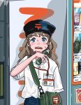  1girl 44gii absurdres bag bangs blue_eyes blush bottle brown_hair can freckles hand_up hat highres lanyard long_hair looking_at_viewer open_mouth original shirt shirt_tucked_in short_sleeves shoulder_bag solo upper_body vending_machine white_shirt 
