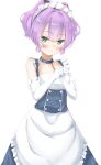  1girl absurdres alternate_costume azur_lane belfast_(azur_lane) belfast_(azur_lane)_(cosplay) chain choker cosplay elbow_gloves enmaided gloves green_eyes highres javelin_(azur_lane) maid micchamu purple_hair simple_background white_gloves 